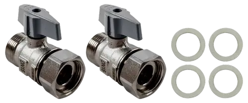 Zwei moderne Absperrventile aus Metall mit Hebel und vier Dichtungen, geeignet für Wolf Brennwertthermen ab 35kW.